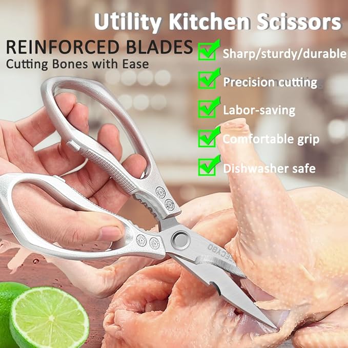 All Purpose Heavy Duty Shears, 2-Pack Kitchen Scissors for Food, Metal Handle Stainless Steel Cooking Scissors for Kitchen, Chicken, Fish, Meat, Poultry, Herbs (Silver) - Bloomnest