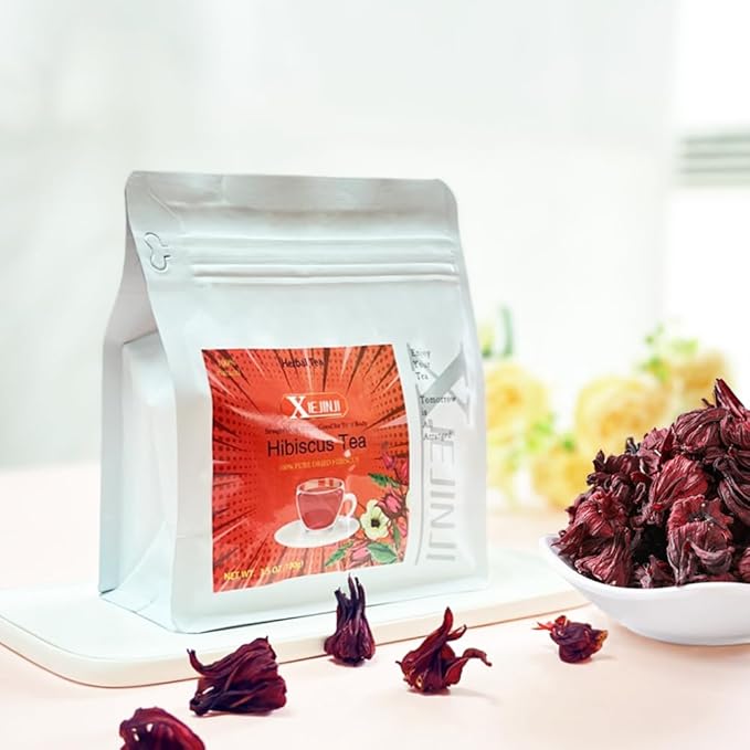 XIEJINJI Hibiscus Tea, Natural Dried Hibiscus Flowers, Herbal Tea, 3.5oz/100g Refreshing Tart Flavor, Caffeine Free, Resealable Bag - Bloomnest