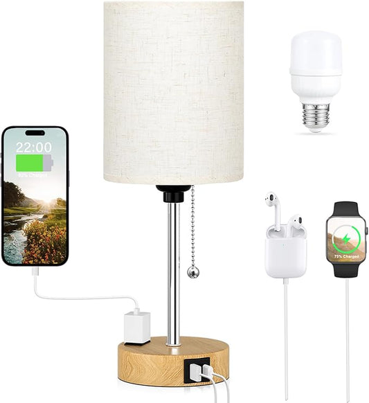 Small Bedside Lamp for Bedroom Nightstand - Table Lamp with USB C and A Port, Pull Chain Bed Lamps with AC Outlet, Wood Base Night Stand Lights for Kids Reading, Desk Lamp for Living Room/Dorm Room - Bloomnest