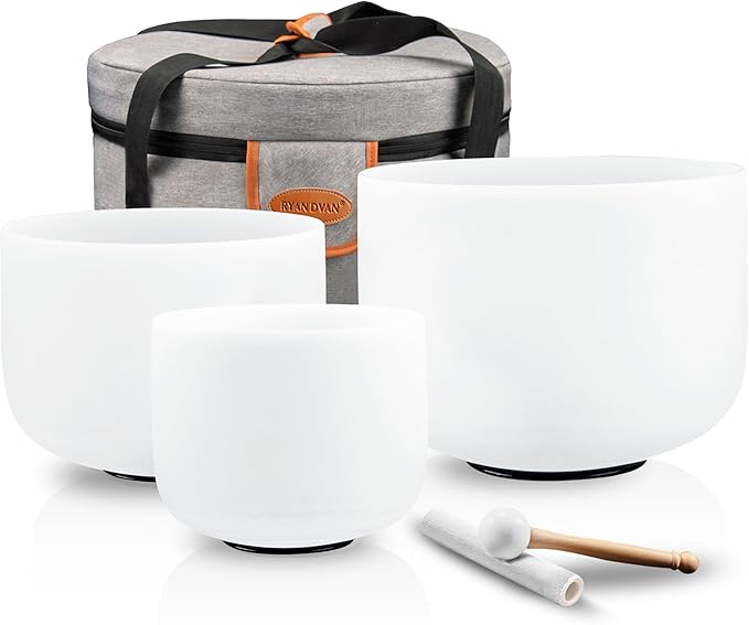 RYAN DVAN 432Hz Crystal Singing Bowls Set of 3 – 6" B Crown, 8" F Heart, 10" G Throat bowls,Quartz Chakra Sound Bowls for Meditation & Healing, with Case, Mallet & Suede Striker - Bloomnest