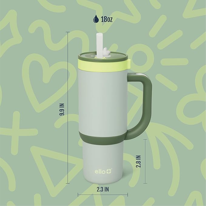 Ello Oasis 18oz Stainless Steel Kids Tumbler with Handle & Retracting Straw, 100% Leakproof, Double-Wall Vacuum Insulated, Kids Water Bottle for School, BPA Free, Dishwasher Safe, Avocado - Bloomnest