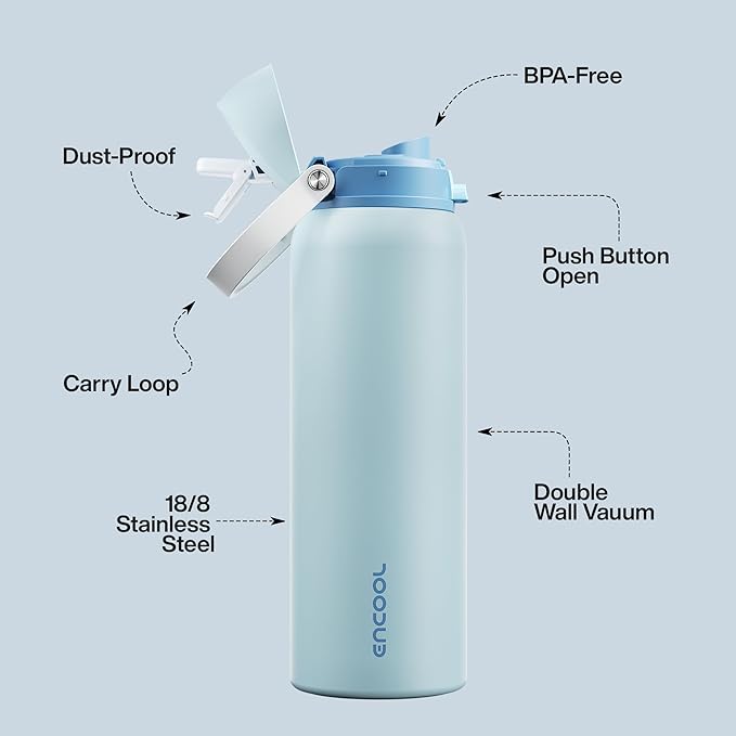 Insulated Water Bottle with Straw - Encool Stainless Steel Water Bottle with Push Button Lid, Leak-Proof & BPA-Free, Keeps Cold for 24 Hours for Sports, Travel, Gym (40 oz, Jungle Mist) ENCOOL
