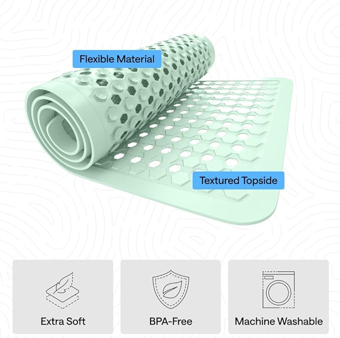 GORILLA GRIP Patented Bath Tub Shower Mat, Machine Washable Bathtub Floor Liner Mats, Suction Cups and Drain Holes to Keep Tubs Clean, Soft on Feet, Bathroom Essentials, 35x16 Inch, Mint Opaque - Bloomnest