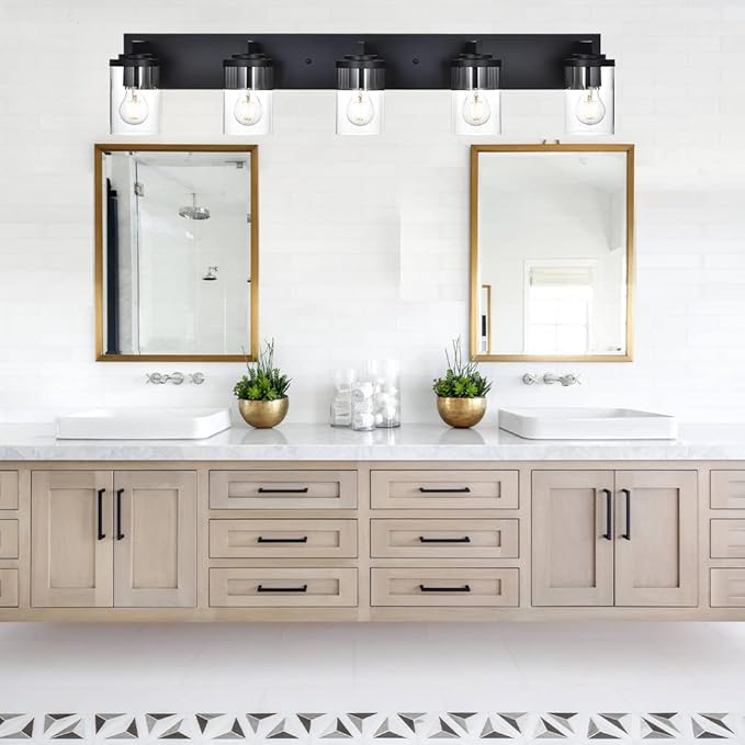 BONLICHT Industrial 5 Light Wall Mount Lighting Sconces Bathroom Vanity Light Matte Black Metal with Clear Glass Shade,Modern Farmhouse Wall Lamp Indoor Bath Wall Lamp Fixture Over Mirror - Bloomnest