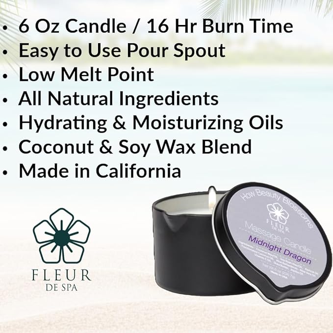 FLEUR DE SPA Massage Oil Candle – 6oz with Pour Spout – Made in USA – All Natural Coconut & Soy Blend – Melts to Warm, Alluring & Hydrating Body Oil – Perfect Spa & Gift Candle (Leather) - Bloomnest