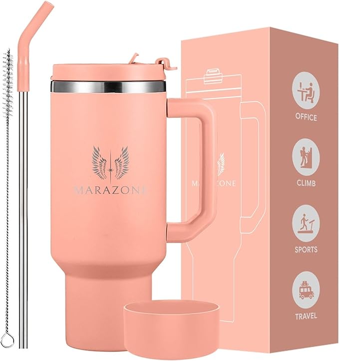 40 oz Insulated Tumbler with Handle and Straw – Double Wall Stainless Steel Vacuum Cup | Car Cup Holder Fit | Hot Cold Travel Mug | BPA Free Reusable Water Bottle Gift for Her (Sunset Pink) - Bloomnest