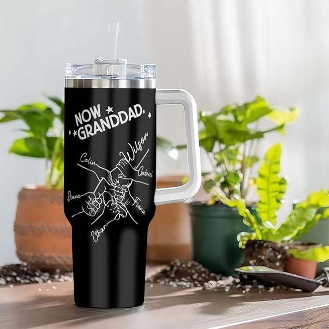 First Dad Now Granddad 40oz Tumbler with Handle and Straw, Personalized Mug with Hand Holding Design and Custom Names, Gift for Grandpa from Kids and Grandkids for Father’s Day or Birthday - Bloomnest