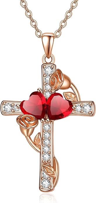 Rose Gold Dual Birthstones Cross Necklace for Women Rose Flower Jewelry Anniversary Christmas Mother's Valentine's Day Birthday Gift for Wife Girlfriend Mom - Bloomnest