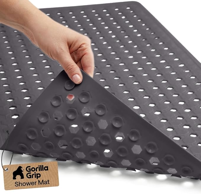 GORILLA GRIP Patented Bath Tub Shower Mat, Machine Washable Bathtub Floor Liner Mats, Suction Cups and Drain Holes to Keep Tubs Clean, Soft on Feet, Bathroom Essentials, 35x16 Inch, Charcoal Opaque - Bloomnest