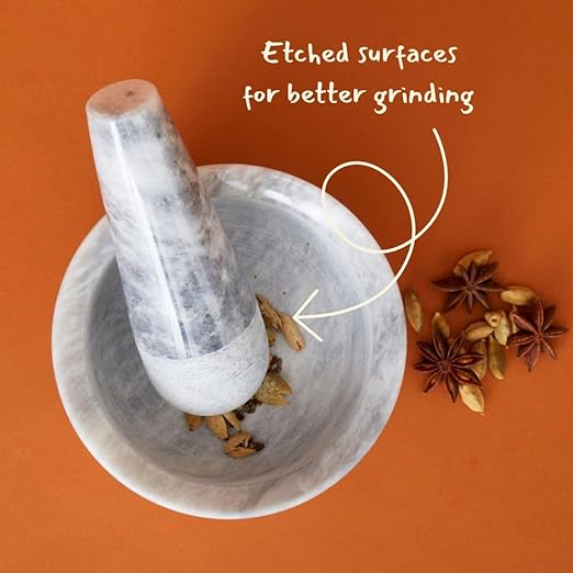Kitchen Utensils & Gadgets, Seasoning & Spice Tools, Mortar Pestle Set, Grinder for Spices and Herbs, Kitchen Countertop, Small Spaces, Aesthetic, Sturdy, Round, 5" Wide, Gray White Marble Stone - Bloomnest
