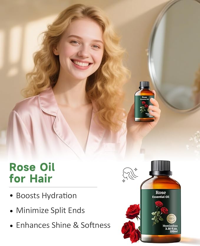 Pure Rose Essential Oil, Mumianhua Natural Rose Oil for Skin, Hair, Reed Diffuser, Air Purifier, Room Spray,Candle Making, Laundry, Relaxation, Evening Wellness, Romantic Atmosphere 3.38 Fl Oz - Bloomnest
