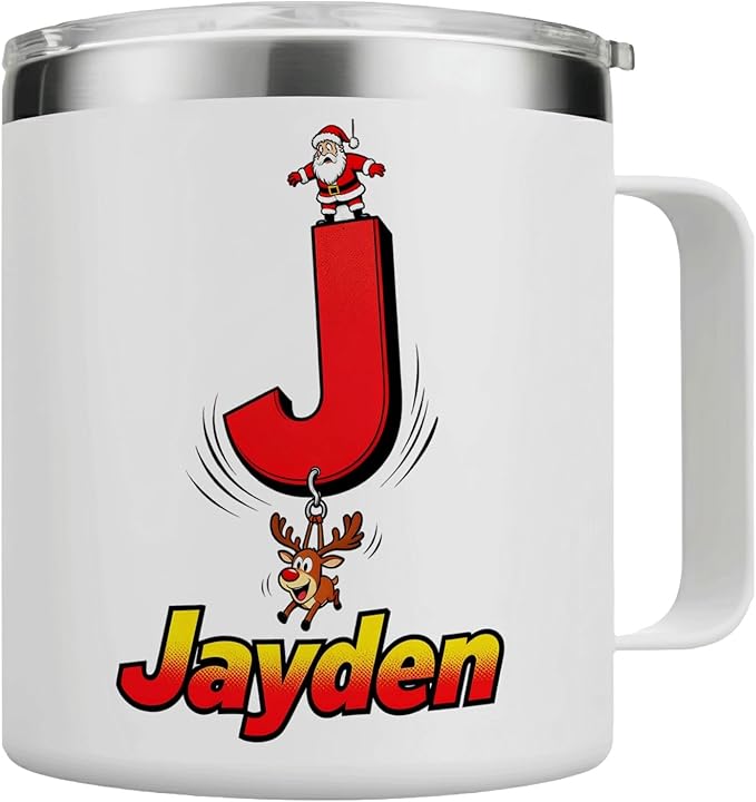 Personalized Christmas Mug with Initial & Name - Funny Santa & Reindeer Custom 12oz Insulated Stainless Steel Coffee Cup Tumbler with Handle & Lid - Unique Holiday Xmas Gifts for Kids (B151) - Bloomnest