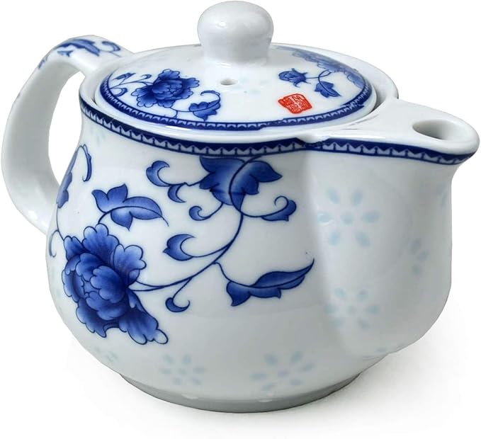 Small Teapot 9oz Blue and White Porcelain Tea Pot with Stainless Steel Infuser Classical Chinese Penoy Flower (Peony)