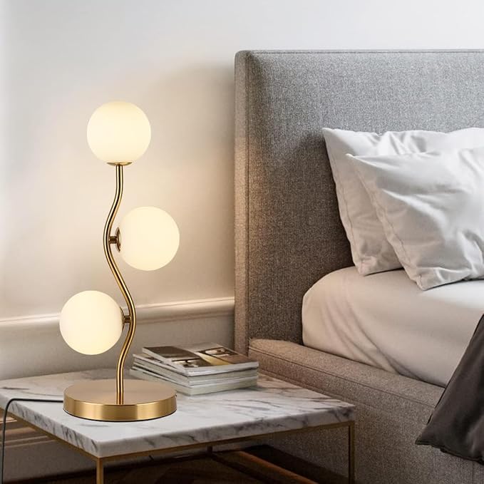 Mid Century Gold Globe Table Lamp 3-Light Flower Curve Beside Desk Table Light with Milk White Glass Shade Metal Base Nightstand Lamp for Bedroom Bedside - Bloomnest