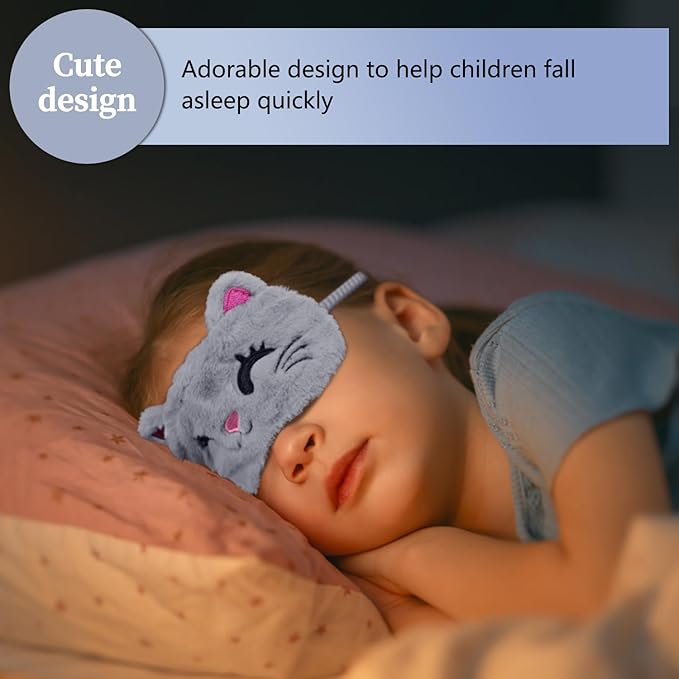 Cute Sleep Masks - Cartoon Animal Cat Eye Mask, Plush Sleeping Mask & Travel Blindfold - Funny Kitten Eye Shade for Kids, Girls & Adults (Grey Cat) - Bloomnest
