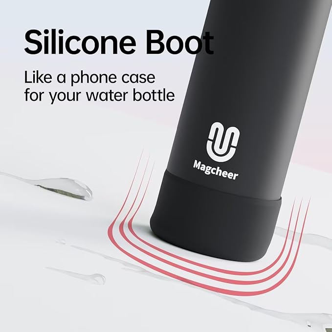 Insulated Magnetic Water Bottle - Reusable Stainless Steel Bottle with MagSafe Compatible Phone Holder - Keeps Cold for 24 Hours - Perfect for Gym, Sports, and Travel - Black 24oz Magcheer