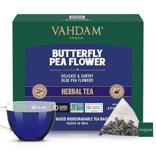 VAHDAM, Butterfly Pea Flower Tea Bags (40 Pyramid Teabags) Vegan, Non-GMO | Delicate & Earthy | Direct From Source - Plant Based Biodegradable Tea Bags | Brew Iced Tea, Cooking, Mocktails & Cocktails - Bloomnest