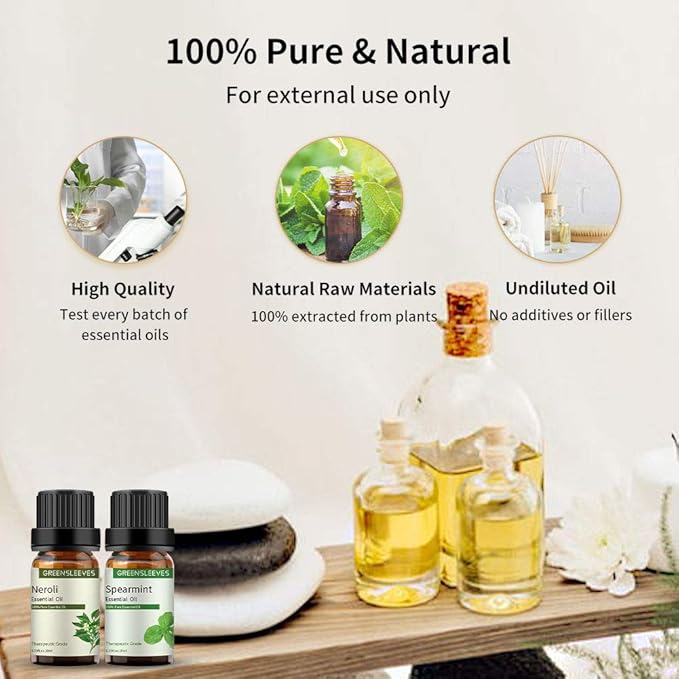 GREENSLEEVES Neroli Spearmint Essential Oil Set, 2 x 10ml Pure Plant-Based Fragrance Oil for Aromatherapy, Essential Oils for Diffuser, Massage, Bath Bomb, Scented Candle Soap Making GREENSLEEVES