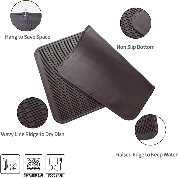 Silicone Dish Drying Mat for Multiple Usage,Easy clean,Eco-friendly,Heat-resistant Silicone Mat for Kitchen Counter or Sink,Refrigerator or Drawer Liner Coffee 3XL 28 inches x 18 inches - Bloomnest