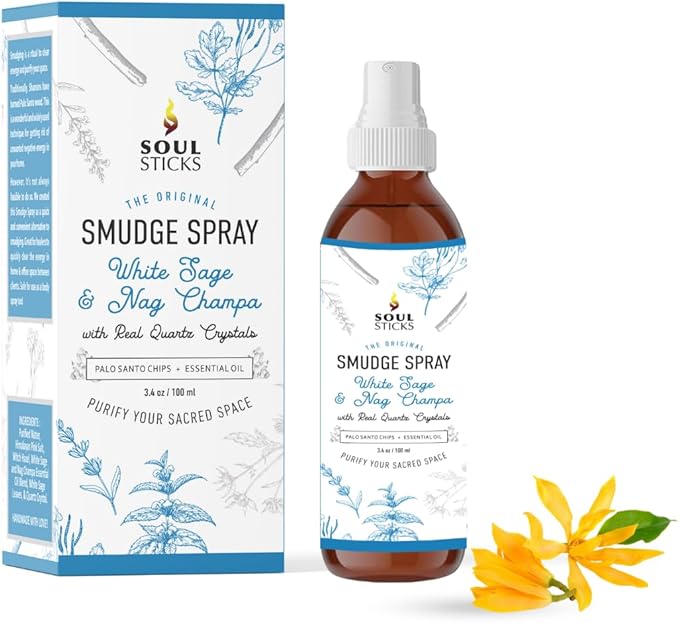 SOUL STICKS White Sage & Nag Champa Smudge Spray – 3.5oz Smokeless Cleansing Mist with Quartz Crystals – Spiritual Aromatherapy Spray for Meditation, Yoga, Home Energy Clearing & Relaxation SoulSticks