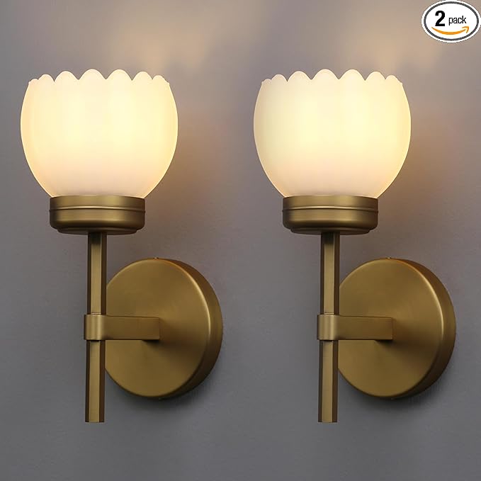 Yosoan Brass Boho Indoor Vintage Wall Sconce Set of 2, Modern Vanity Gold Industrial Hardwired Wall Mounted with Milk Transparent Tulip Flower Shade for Living Room Bedroom Kitchen Hallway(Antique) - Bloomnest