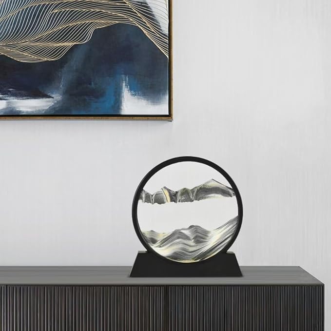 BGFJYUK Moving Sand Art Picture in Motion, Round Tempered Glass 3D Deep Sea Sandscapes with Display Flowing Sand Frame for Relaxing Desktop Home Office Work Décor for Kids Adults (Black, 7inch) - Bloomnest