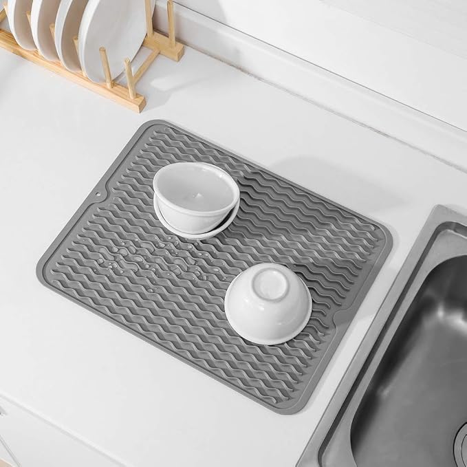 Silicone Dish Drying Mat for Multiple Usage,Easy clean,Eco-friendly,Heat-resistant Silicone Mat for Kitchen Counter or Sink,Refrigerator or drawer liner Grey L 16 inches x 12 inches - Bloomnest