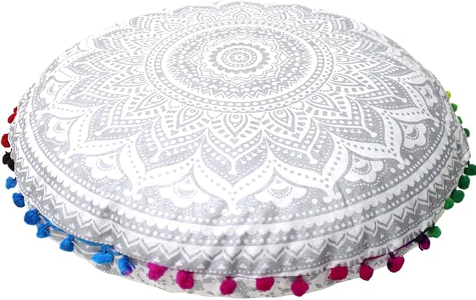 CRAFT KALA Boho Large Floor Pillow Pouf Cover Mandala Meditation Room Pillow Cover for Adults Round Bohemian Seating Pouf Cushion Cover for Kids Playroom 22" Silver Matellic Ombre - Bloomnest