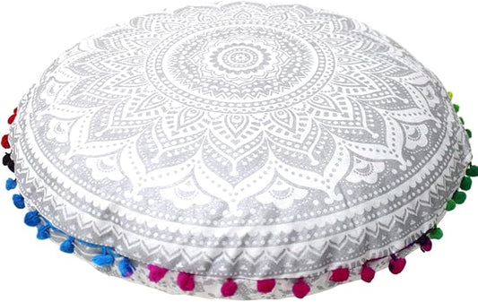 CRAFT KALA Boho Large Floor Pillow Pouf Cover Mandala Meditation Room Pillow Cover for Adults Round Bohemian Seating Pouf Cushion Cover for Kids Playroom 22" Silver Matellic Ombre - Bloomnest