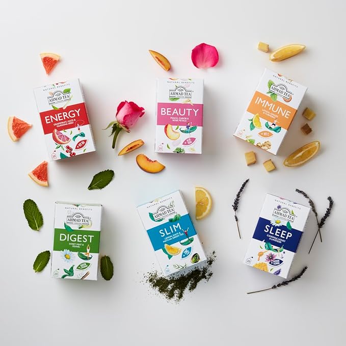 Ahmad Tea Natural Benefit Functional Tea Selection Pack | Green teas, Fruit & Herbal Infusions | Perfect herbal tea gift - 60 Teabag Sachets | 6 blends - Bloomnest
