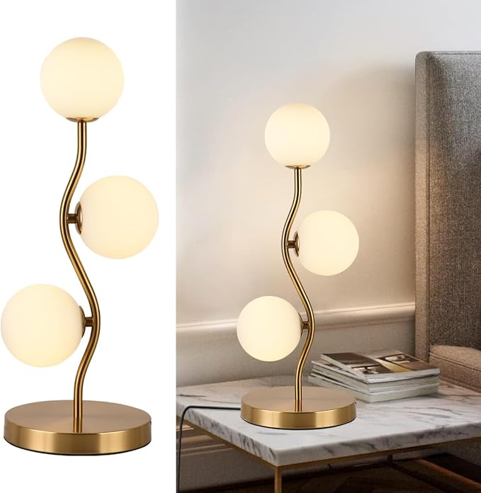 Mid Century Gold Globe Table Lamp 3-Light Flower Curve Beside Desk Table Light with Milk White Glass Shade Metal Base Nightstand Lamp for Bedroom Bedside - Bloomnest
