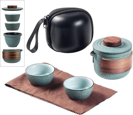 Mini Travel Ceramic Tea Pot Set Chinese Kung Fu Teapot, 1 Pot 2 Cups Porcelain Teacup with Tea Infuser Portable Bag for Outdoor Picnic Hotel