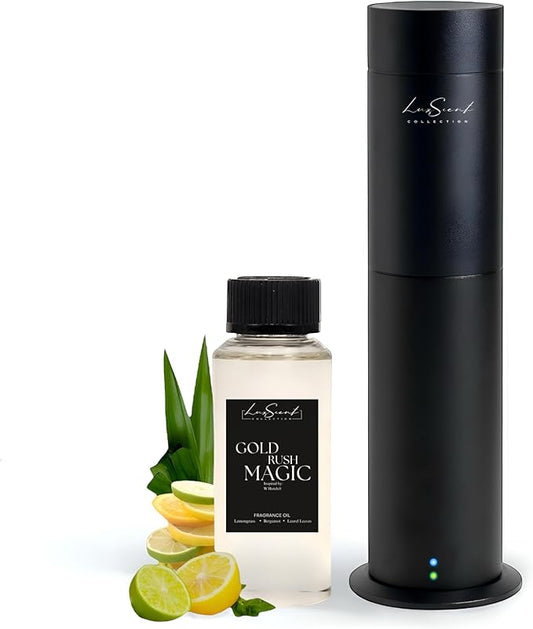 Aroma Scent Diffuser Starter Kit for Up to 1000SQ. FT. Coverage - 120ML Waterless Essential Oil Scent Included - Luxury Aroma Diffuser Ideal for Home, Office & Hotel (Black, Gold Rush Magic) - Bloomnest
