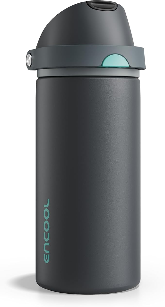 Insulated Water Bottle with Straw - Encool Stainless Steel Water Bottle with Push Button Lid, Leak-Proof & BPA-Free, Keeps Cold for 24 Hours for Sports, Travel, Gym (18 oz, Tuna Grey-Green) ENCOOL