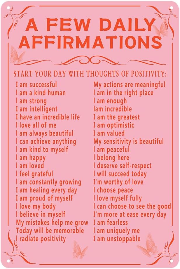 Pink Room Decor Aesthetic A Few Daily Affirmations Metal Sign Motivational Wall Decor Cute Girly Home Office House Coquette Decor Pink Butterfly Wall Art Metal Tin Signs Gifts 8x12 Inch - Bloomnest