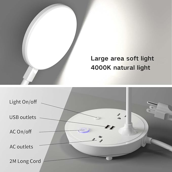 Bodun LED Desk Lamp with 2 USB Charging Port and 2 AC Power Outlet - Adjustable Gooseneck, 3 Level Brightness, Eye-Caring Small White Table Lamp for Home Office College Dorm Room Essentials - Bloomnest