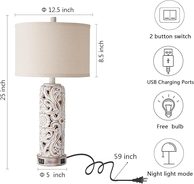 RORIANO Rustic Farmhouse Table Lamps for Living Room Bedroom, Vintage Bedside Lamp with Dual USB Port, Antique White Resin Retro Nightstand Lamps with Night Light, Bulbs Include - Bloomnest