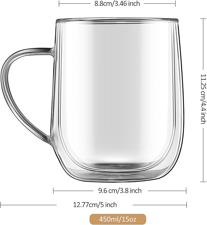 Joeyan Large Clear Double Walled Glass Coffee Mugs 15 oz, Double Layer Tea Latte Cappuccino Cups with Handle, Double Lined Insulated High Borosilicate Glassware for Milk and Hot Beverages, Set of 2 - Bloomnest