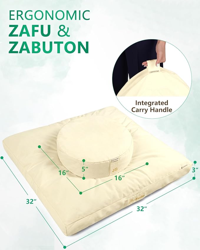 Hihealer Meditation Cushion Set Large Velvet Floor Pillow & Traditional Tibetan Yoga Bolster for Adults Zafu Meditation Mat with Buckwheat Filling (Cream) - Bloomnest