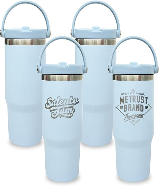 30 oz Tumbler Bulk with Top Handle, Double Wall Vacuum Insulated Tumbler with Flip Straw, Travel Coffee Mug 30oz Powder Coated Cup for Laser Engraving (Blue,4 pack)