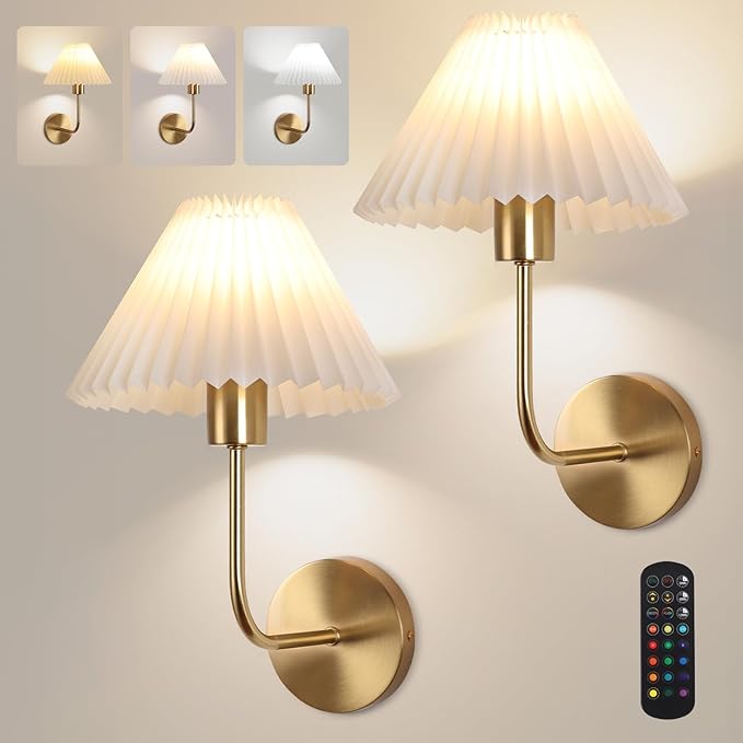 Wireless Wall Sconce Sets of 2, Pleated Shades Rechargeable Battery Operated Wall Sconce, Retro Industrial Gold Wall Lights Bathroom Vanity Sconces, Wall Mounted Lamps for Bedroom Living Room Kitchen - Bloomnest