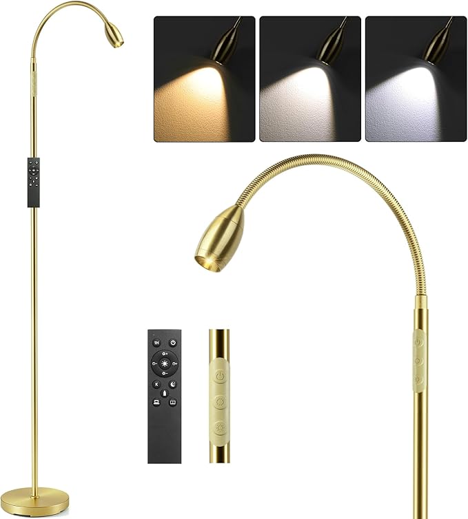 Reading Floor Lamp, 72" Tall LED Lamp with Flexible Gooseneck, Dimmable Zoomable Spotlight, Adjustable Color Beam Standing Lamp, Touch & Remote Control, Task Craft Bedroom Living Room (Light Gold) - Bloomnest