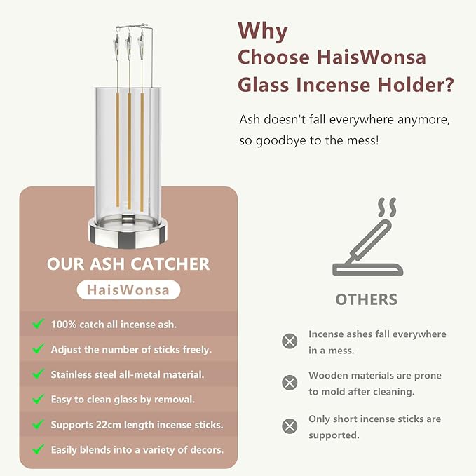 Incense Holder Ash Catcher - Upside Down Glass Incense Holder for Sticks, Reverse Inverted Anti Ash No Mess Insence-Stick Holder, Modern Metal Vertical Incense Burner for Room Decor, Silver - Bloomnest