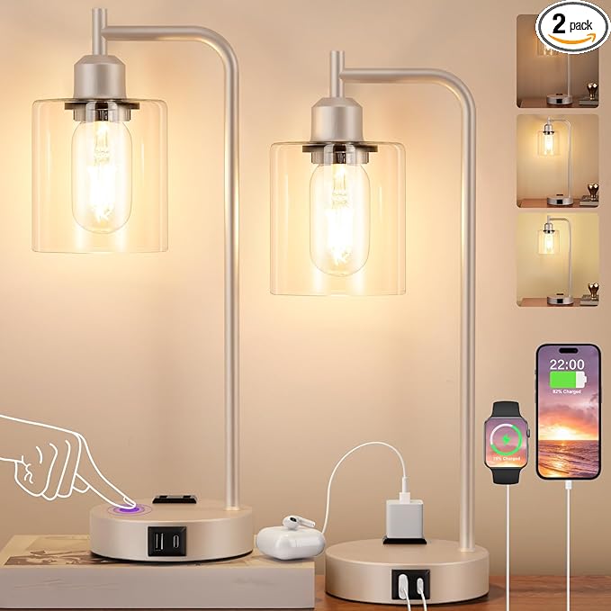 Industrial Touch Table Lamps for Bedrooms Set of 2 - 3-Way Dimmable Lamps with USB C+A Ports and Outlet, Champagne Gold Bedside Lamps with Clear Glass Shade for Living Room, Desk Lamps for Home Office - Bloomnest