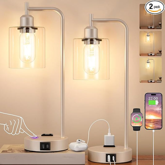 Industrial Touch Table Lamps for Bedrooms Set of 2 - 3-Way Dimmable Lamps with USB C+A Ports and Outlet, Champagne Gold Bedside Lamps with Clear Glass Shade for Living Room, Desk Lamps for Home Office - Bloomnest
