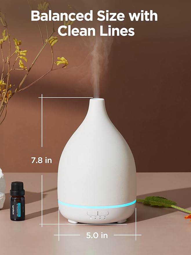 InnoGear Oil Diffuser, 300ML Ceramic Diffuser for Essential Oils Handcrafted Aromatherapy Diffuser Ultrasonic Cool Mist Humidifier with 4 Timers Waterless Auto Off for Room Office, White Base - Bloomnest