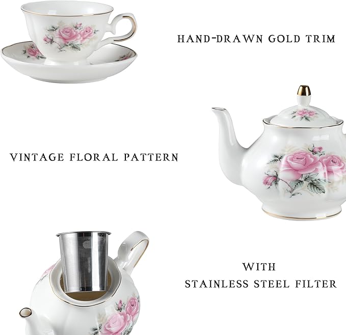 Sweejar Ceramic Teapot with Infuser, Floral Relief Gold Rimmed Teapot, 29 OZ Porcelain Tea Pot for Blooming and Loose Tea, Coffee...(Pink Flower) - Bloomnest