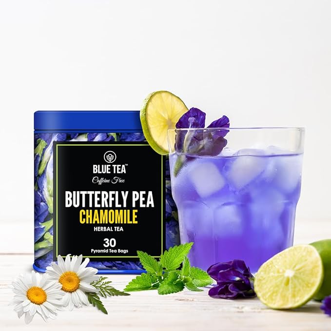 BLUE TEA - Butterfly Pea Flower Tea - Chamomile - 30 Count - Pyramid Plant Based Tea Bag | ANTIOXIDANT RICH | Caffeine Free - Flower Based - Calming Tea - Non-Bitter - Non-GMO | Tin Packaging - Bloomnest