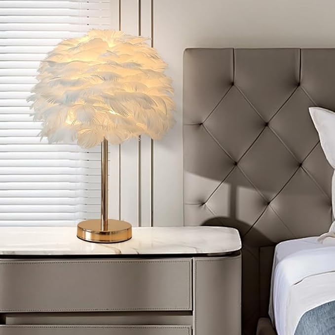 ZYLEIESENBAO Chic White Feather Lamp Creative Feather Bedside Lamp Cute Furry Nightstand Light Gold Stand Fluffy Table Lamp Atmosphere for Girl Bedroom Living Room Entry Hotel Wedding Gift - Bloomnest