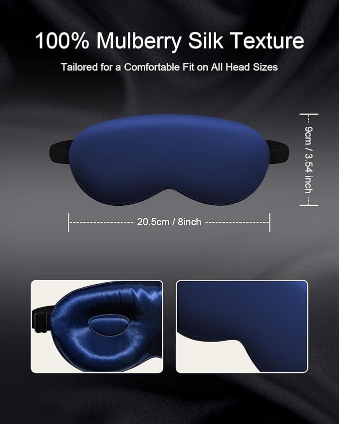 Luxury 22 Momme 100% Mulberry Silk Sleep Mask – 3D Eye Mask with Adjustable Strap, Gentle on Skin and Eyes, Provides Complete Light Blockage for Deep Sleep (Navy, Adjustable) - Bloomnest